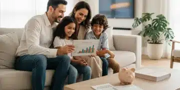 Família brasileira feliz planejando finanças com educação financeira