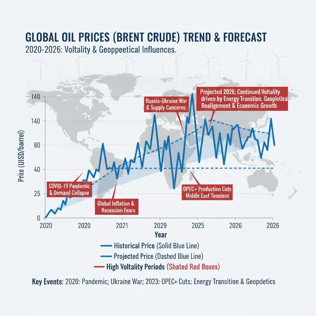 Gráfico de tendências do preço do petróleo Brent, com projeções até 2026 e marcos de eventos geopolíticos que afetam a volatilidade.