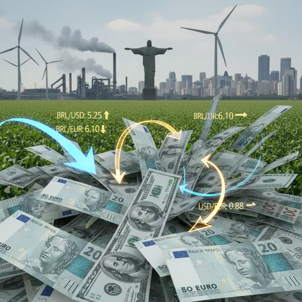 Cédulas de real, dólar e euro com setas indicando fluxo cambial e impacto na economia brasileira.