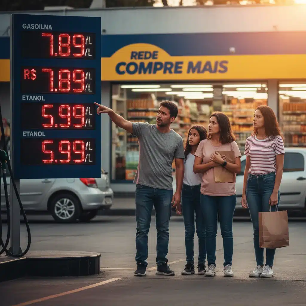 Família brasileira preocupada olhando o painel de preços de um posto de gasolina, com supermercado ao fundo, representando o impacto dos combustíveis na inflação e orçamento familiar.