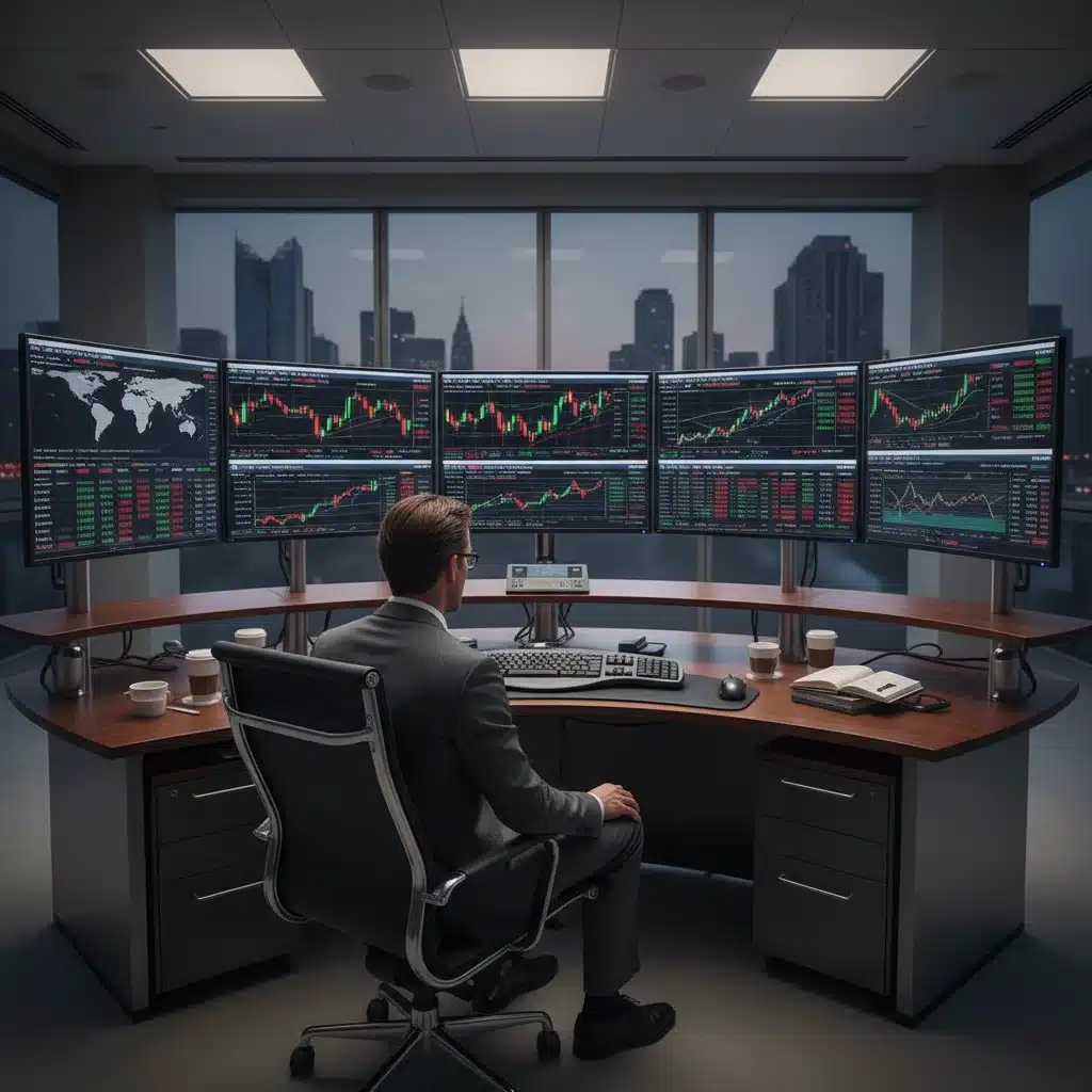 Pessoa analisando dados financeiros em múltiplas telas, representando o monitoramento ativo de investimentos.