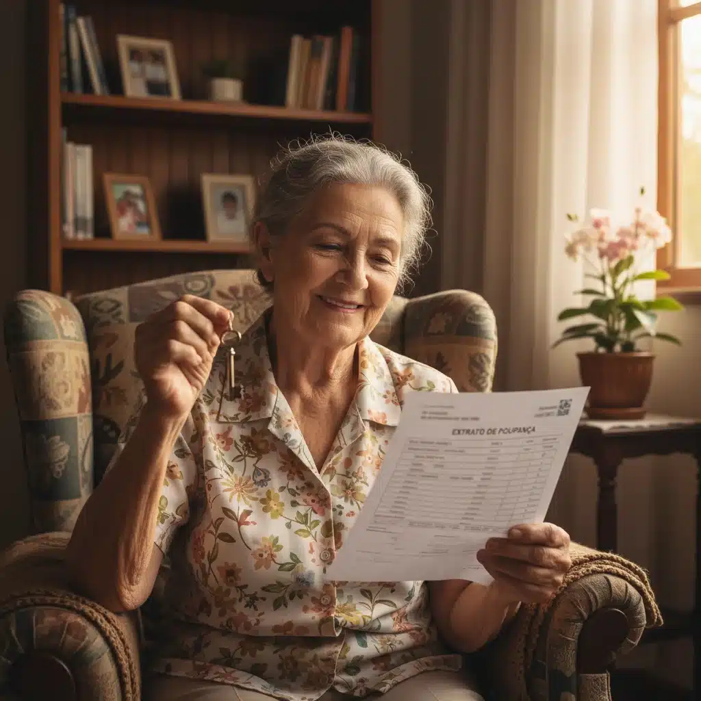 Mulher idosa brasileira com chave de casa e extrato de poupança