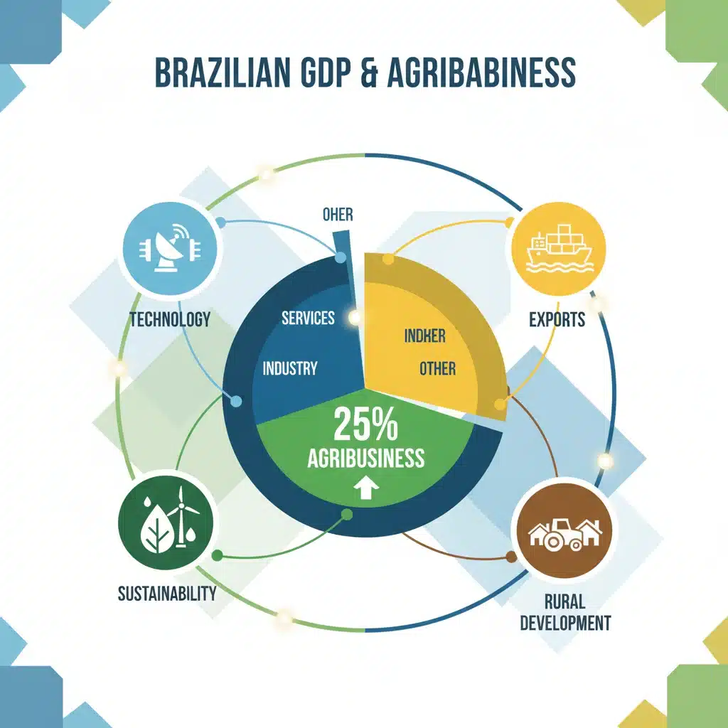 Gráfico de pizza do PIB brasileiro destacando a fatia de 25% do agronegócio, com ícones de tecnologia e exportação.