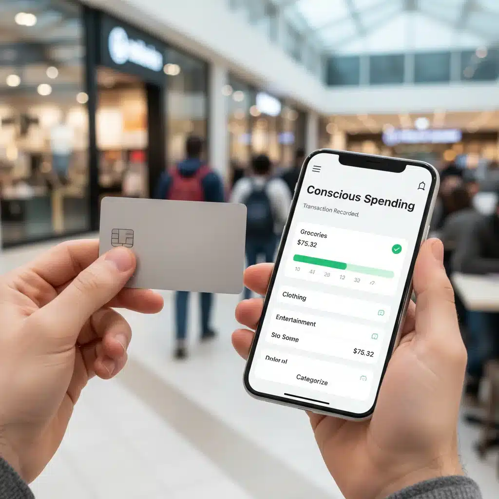 Pessoa registrando transação financeira em smartphone após compra com cartão de crédito.