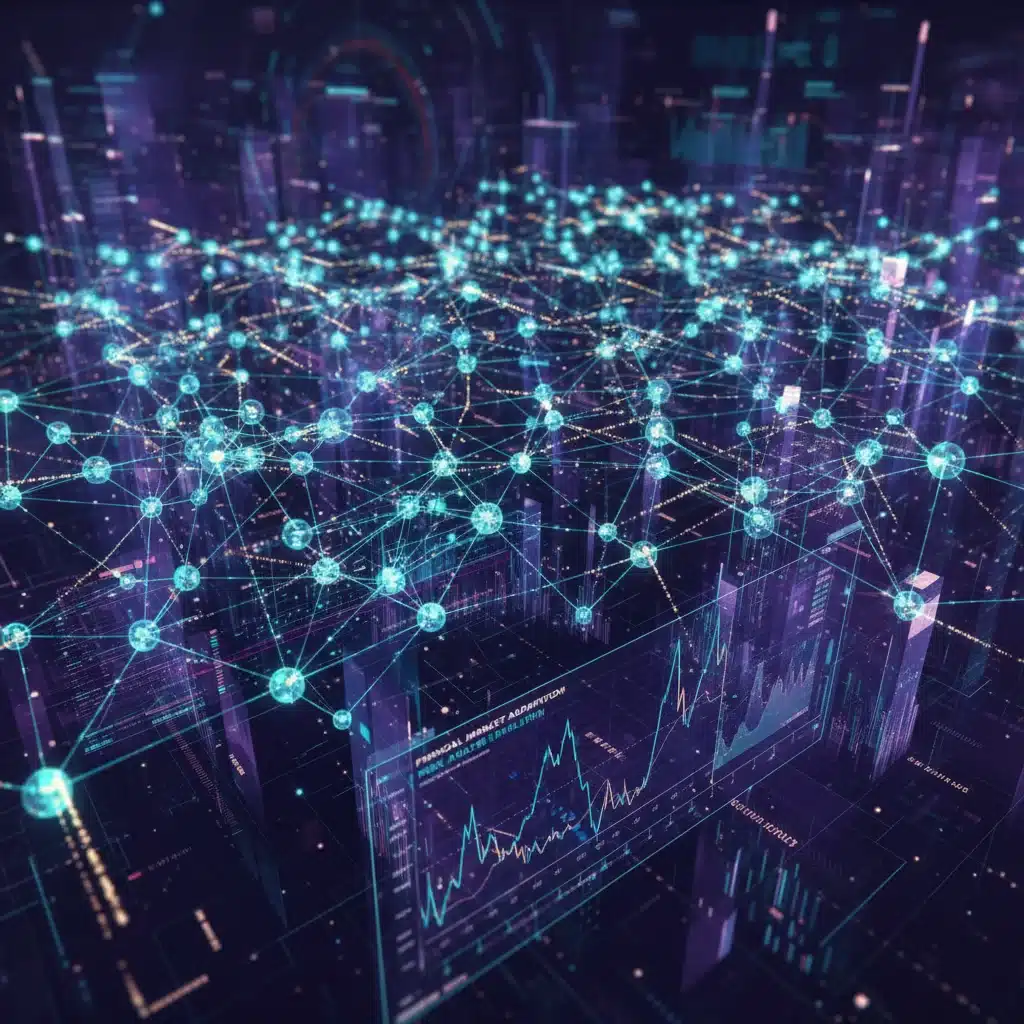 Rede complexa de nós e linhas, simbolizando blockchain e o impacto de tecnologias emergentes em mercados financeiros.