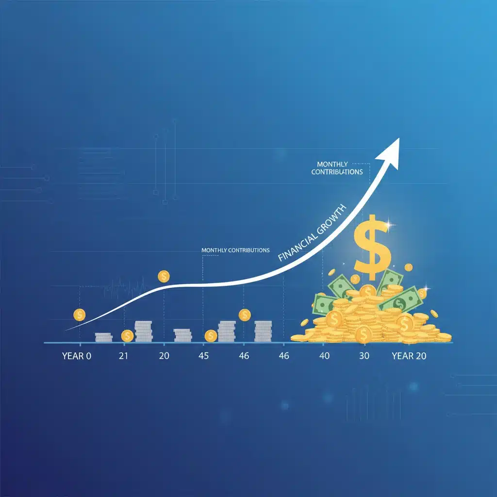 Financial growth timeline showing consistent 0 monthly investments over 20 years.