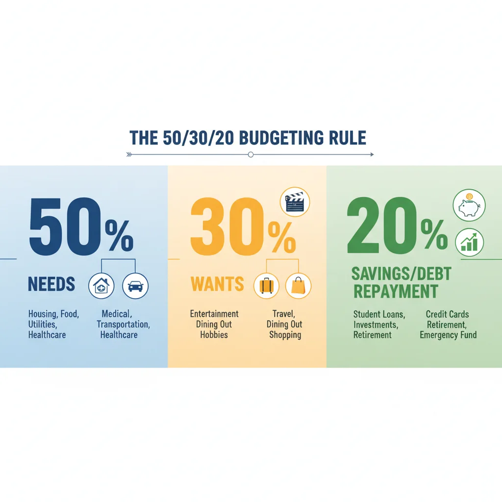 Infographic explaining the 50/30/20 budgeting rule categories
