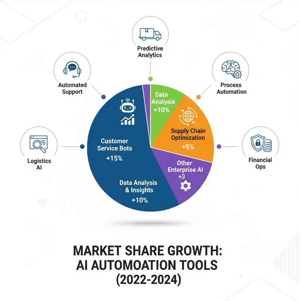 Infographic showing market share growth of AI-powered automation tools in various business functions.