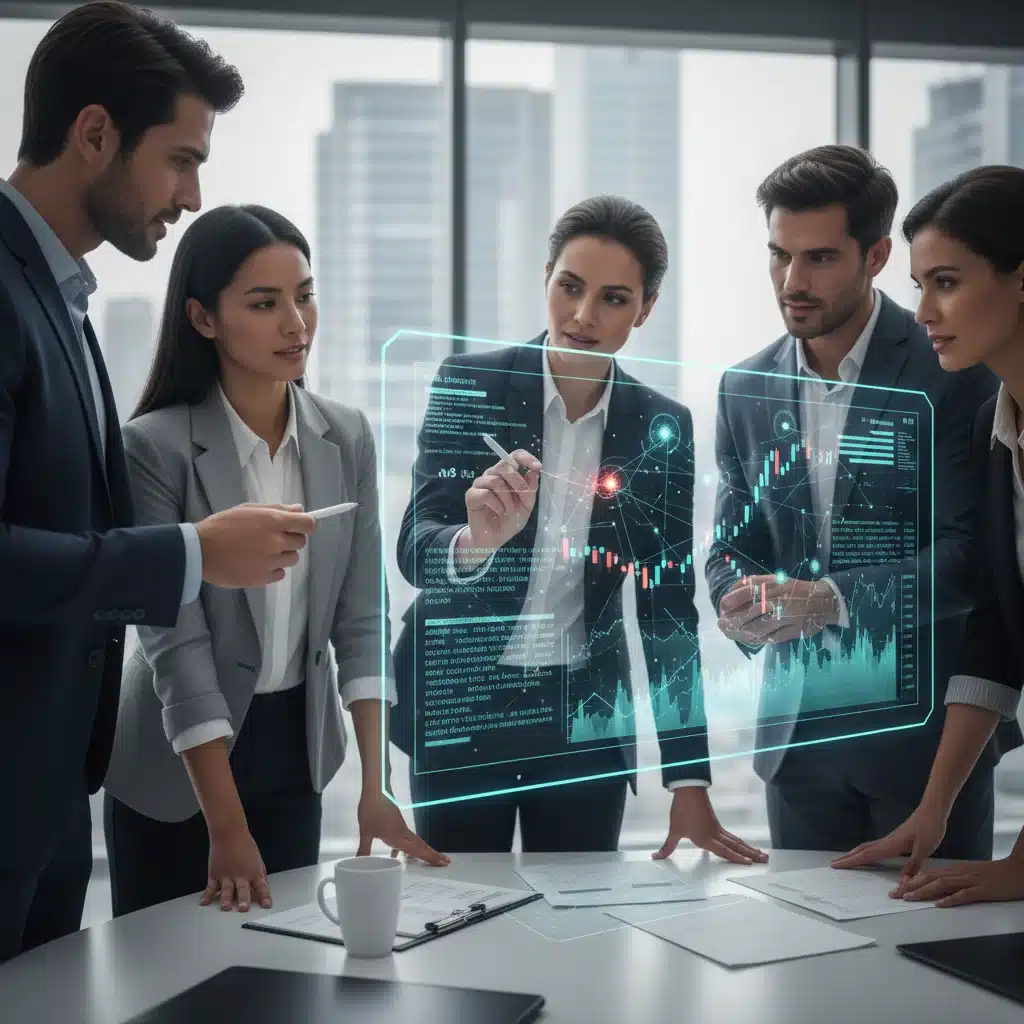 Business professionals analyzing AI algorithms and financial data on a holographic interface.