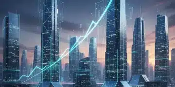 Futuristic cityscape with glowing AI networks and upward financial trend, symbolizing AI investment growth.