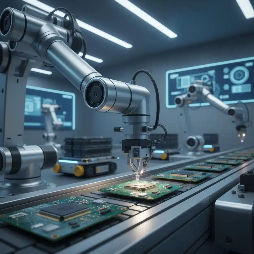 Robotic arm assembling microchips in a high-tech factory, symbolizing AI in manufacturing.
