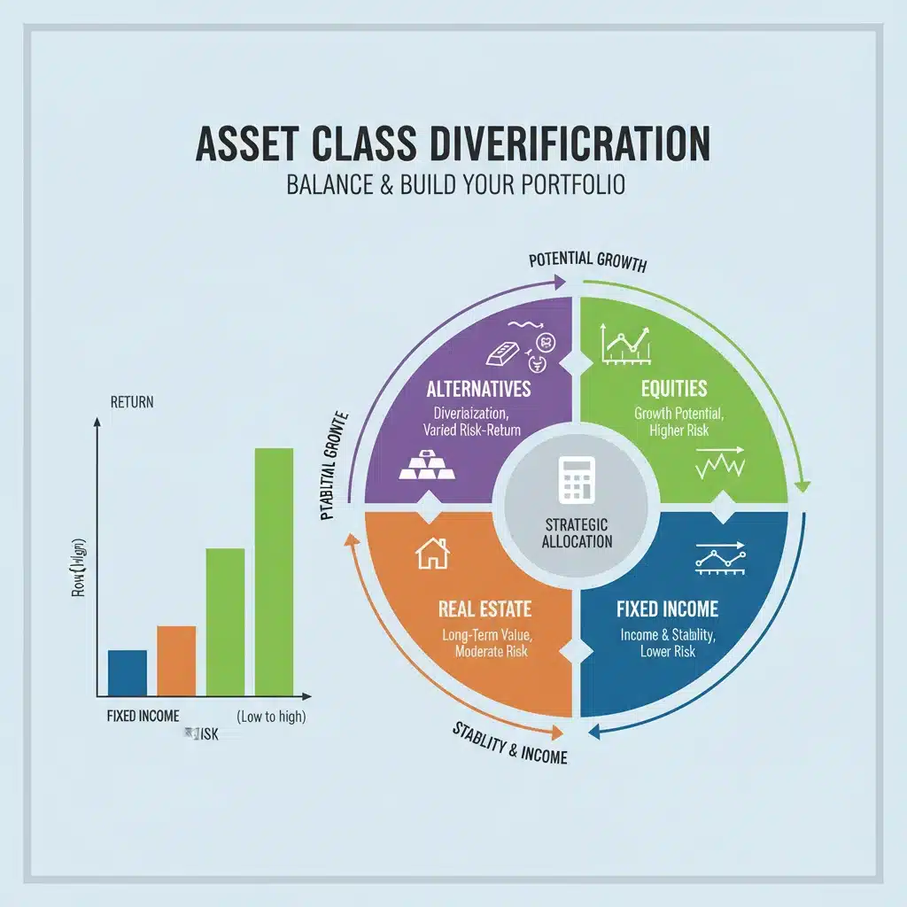 Infographic showing asset classes and their risk-return profiles for balanced investment