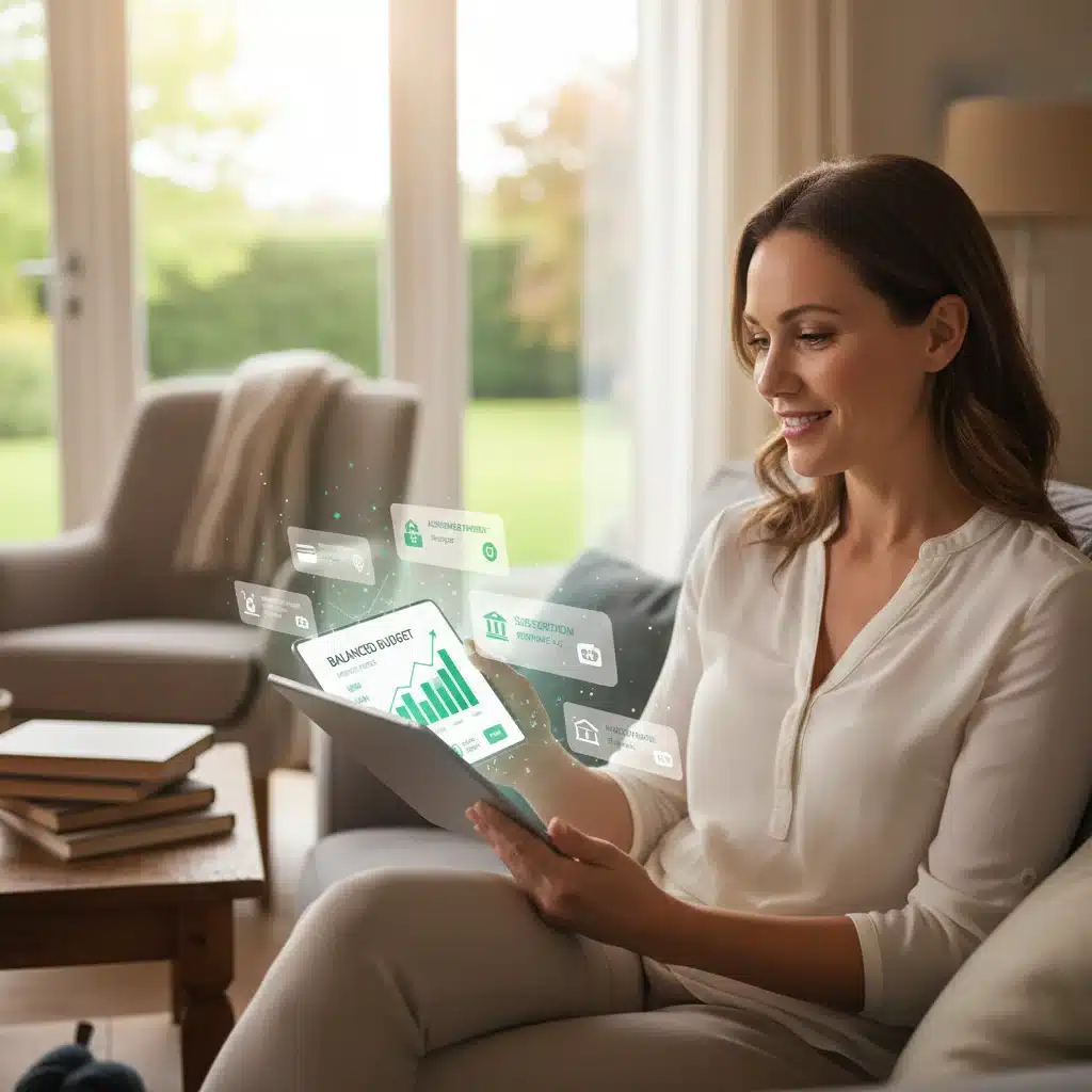 Person reviewing automated budget on tablet, showing financial peace of mind.