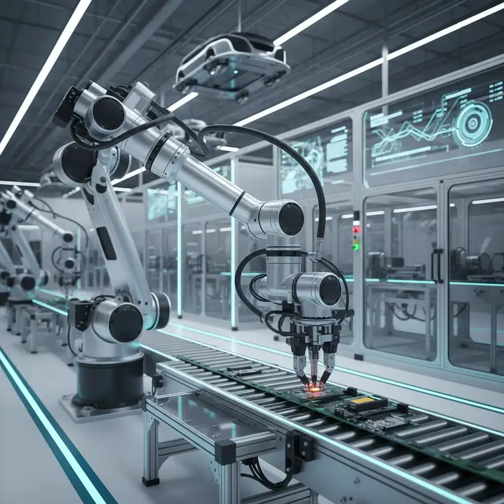 Automated manufacturing facility with robotic arm, representing technological advancements in production.