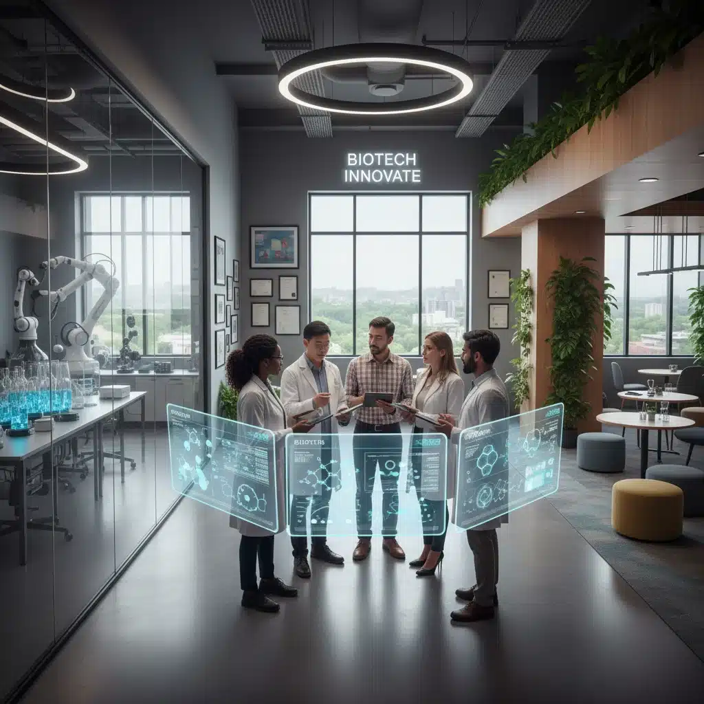 Diverse team of scientists collaborating on biotech research