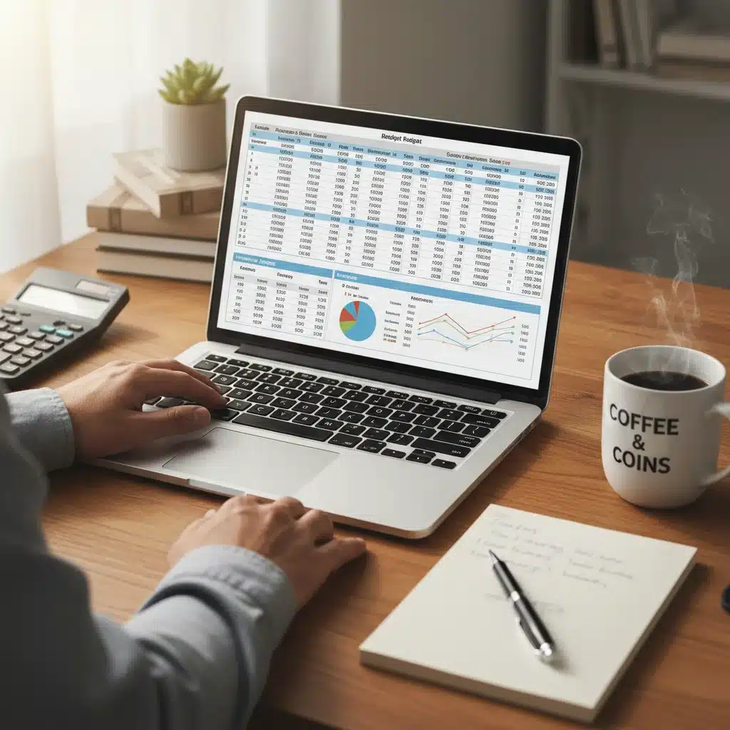Person reviewing budget spreadsheet on laptop for financial planning
