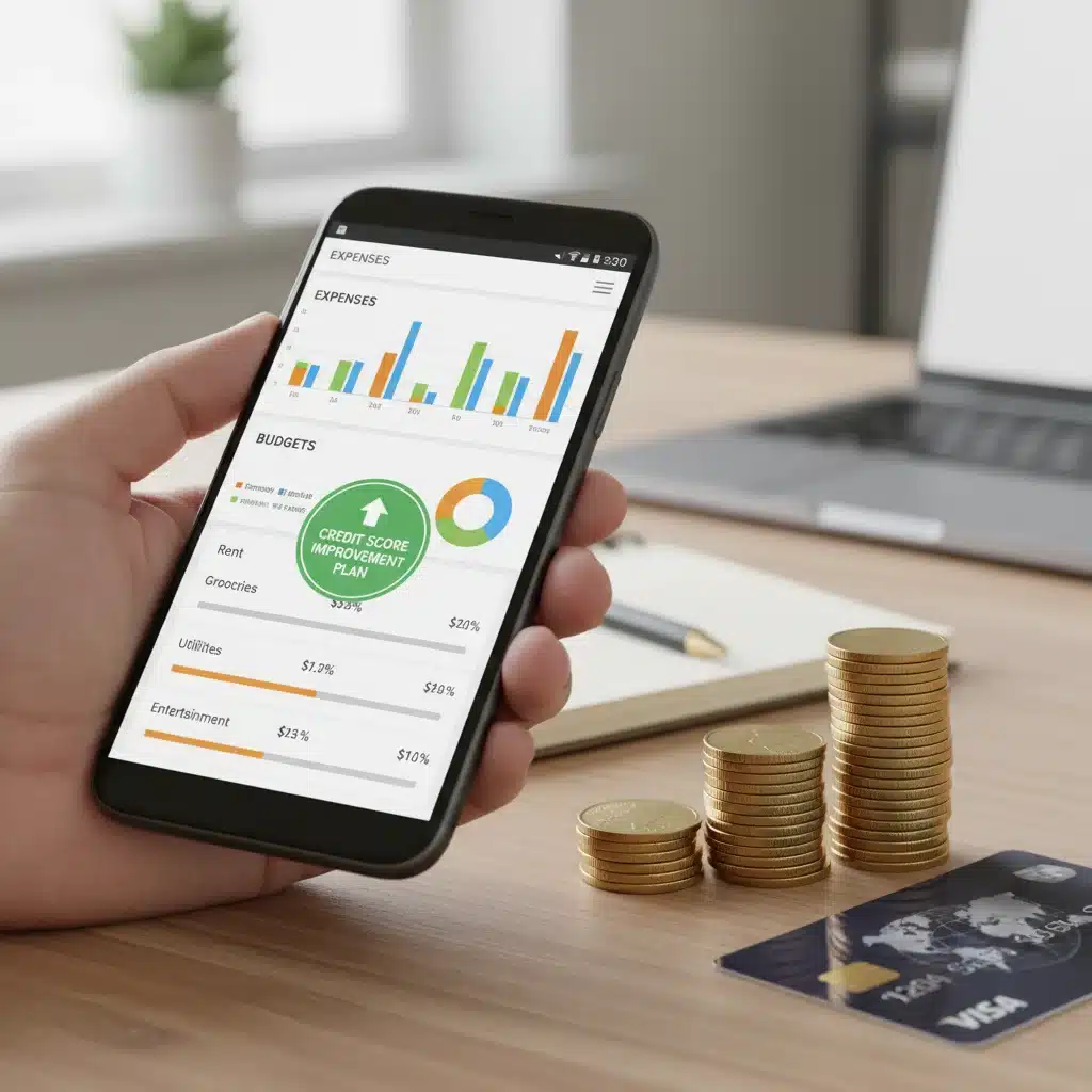 Smartphone displaying a budgeting app with financial tools for managing credit and expenses