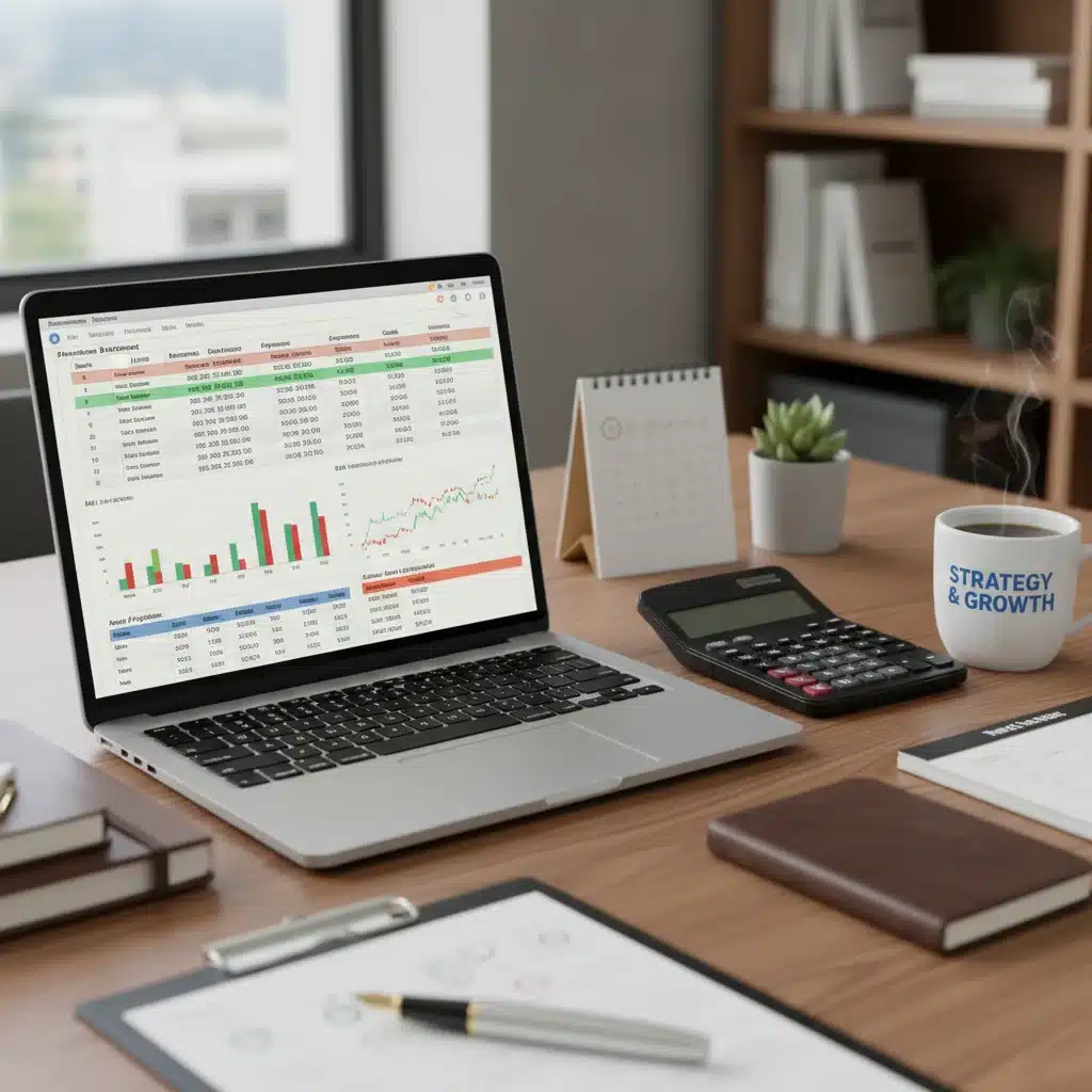 Financial planner's desk with budget spreadsheet and calculator