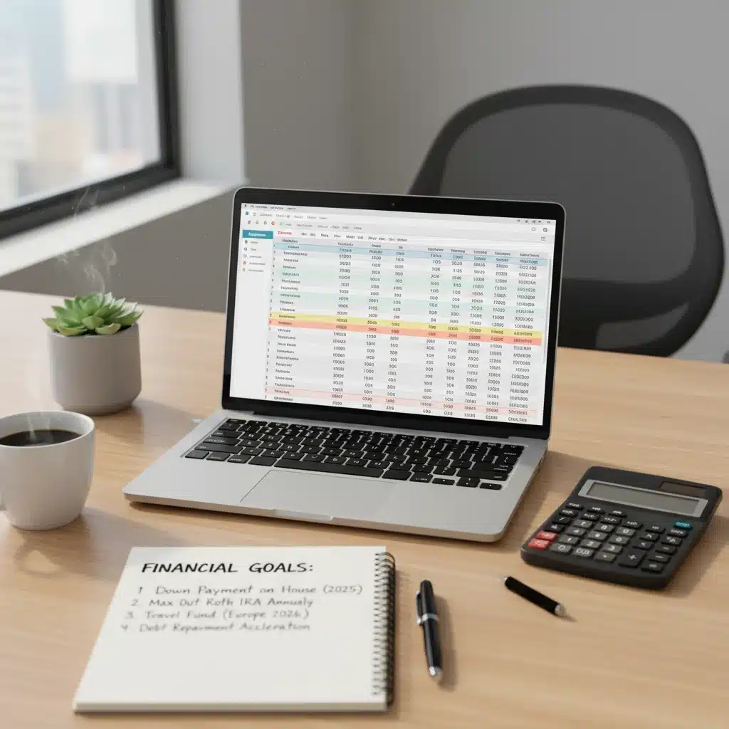 Laptop showing budgeting spreadsheet with financial tools