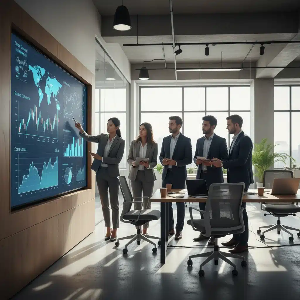 Business professionals collaborating on investment strategies and expansion plans in a modern office