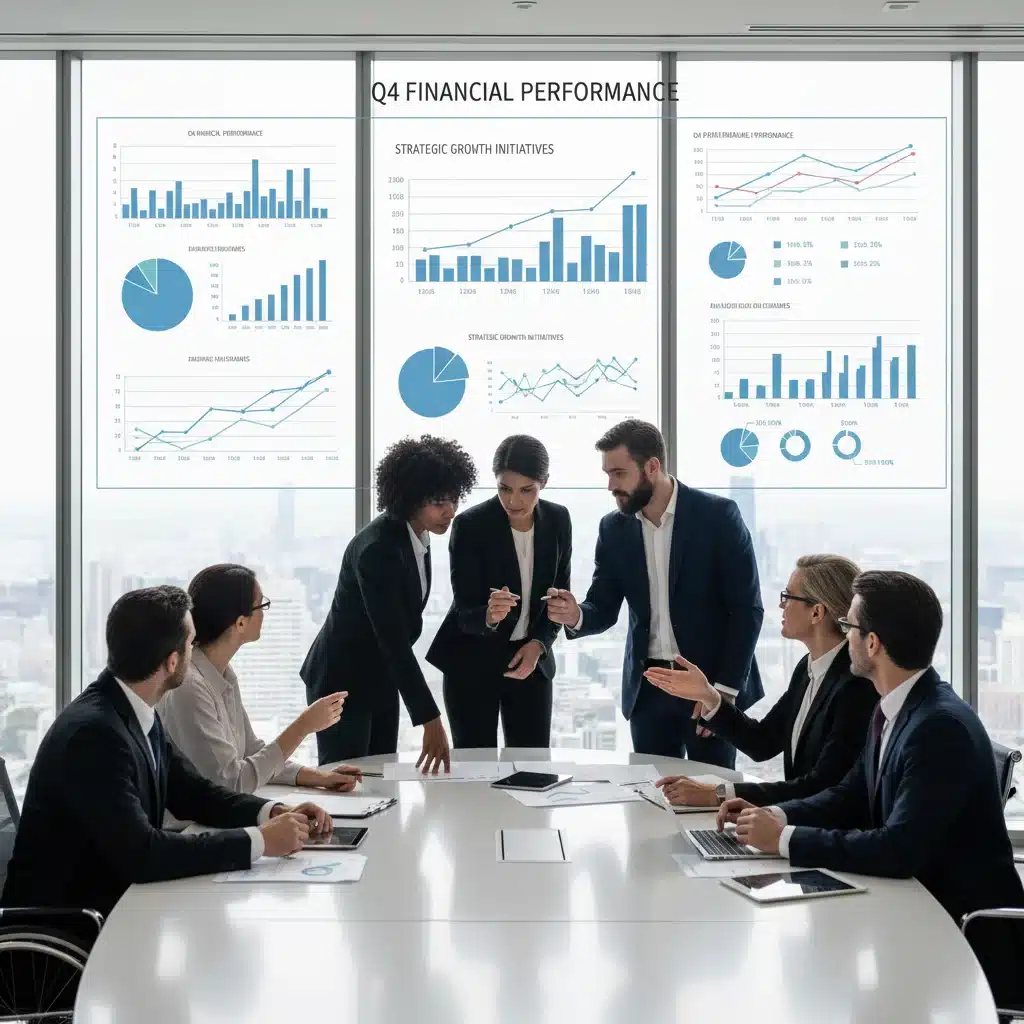Business team analyzing Q4 2025 financial reports and strategic market outlook