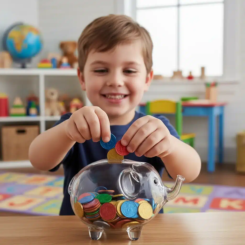 Young child learning to save money by putting coins into a clear piggy bank.