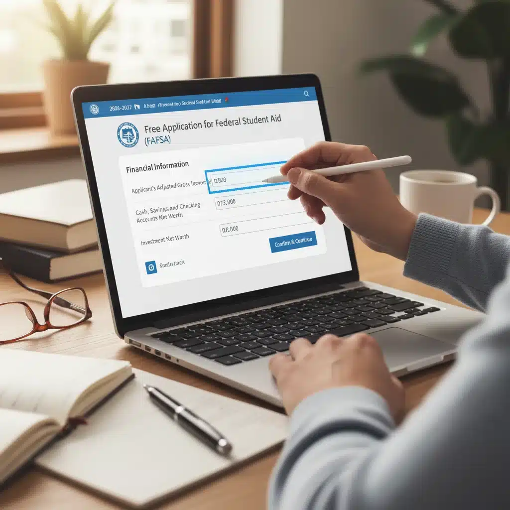 Person accurately completing FAFSA form online, focusing on income details.
