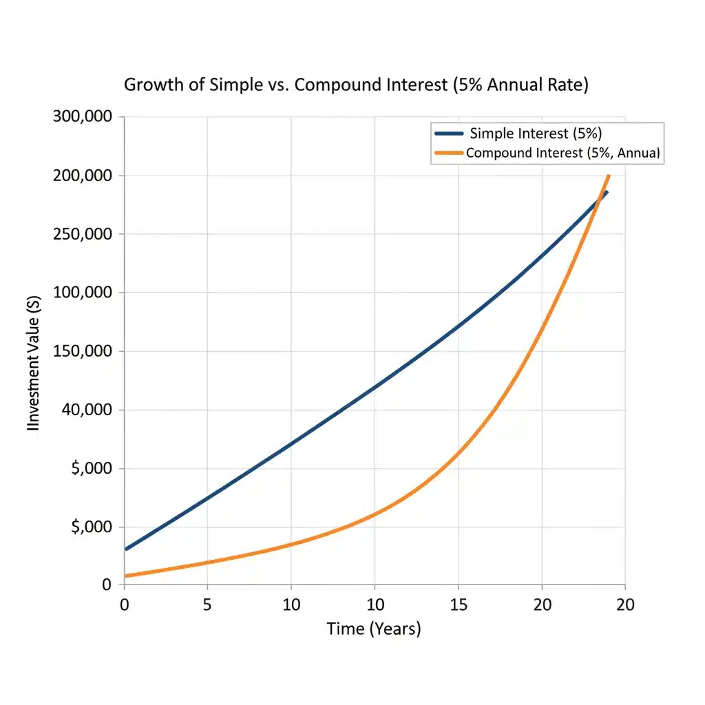 Comparison chart showing the superior growth of compound interest versus simple interest over time.