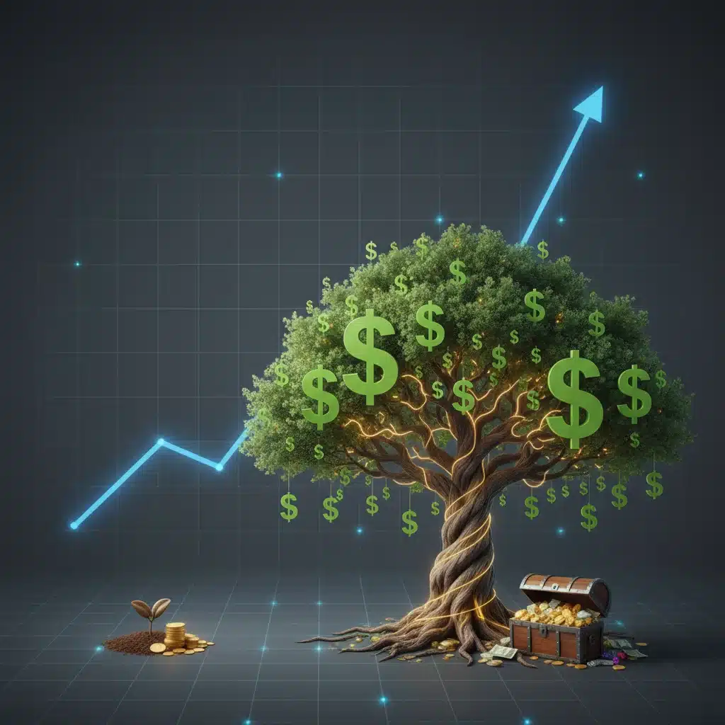 Compounding interest growth over time visualized as a growing money tree