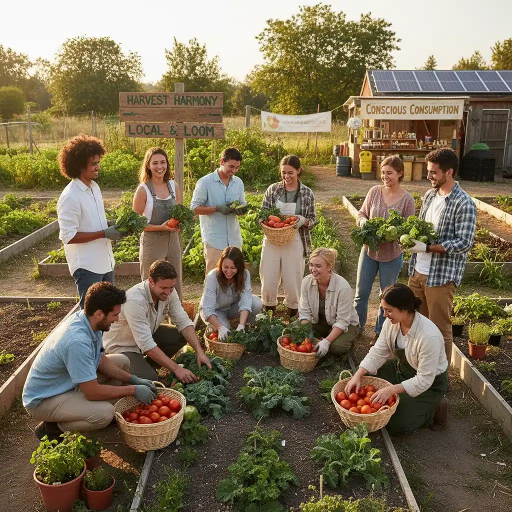 Diverse group harvesting organic produce, symbolizing conscious consumption and ethical sourcing.