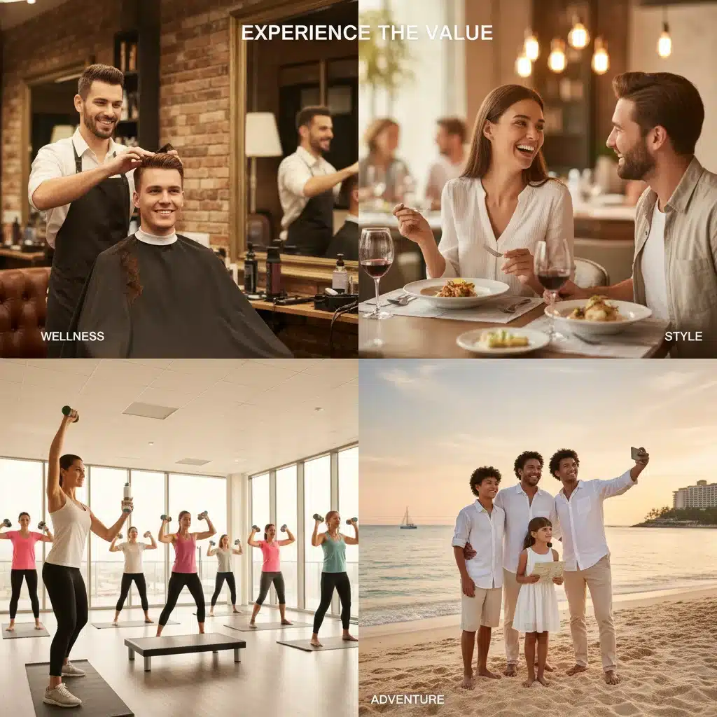 Consumers enjoying various service experiences like dining, travel, and personal care