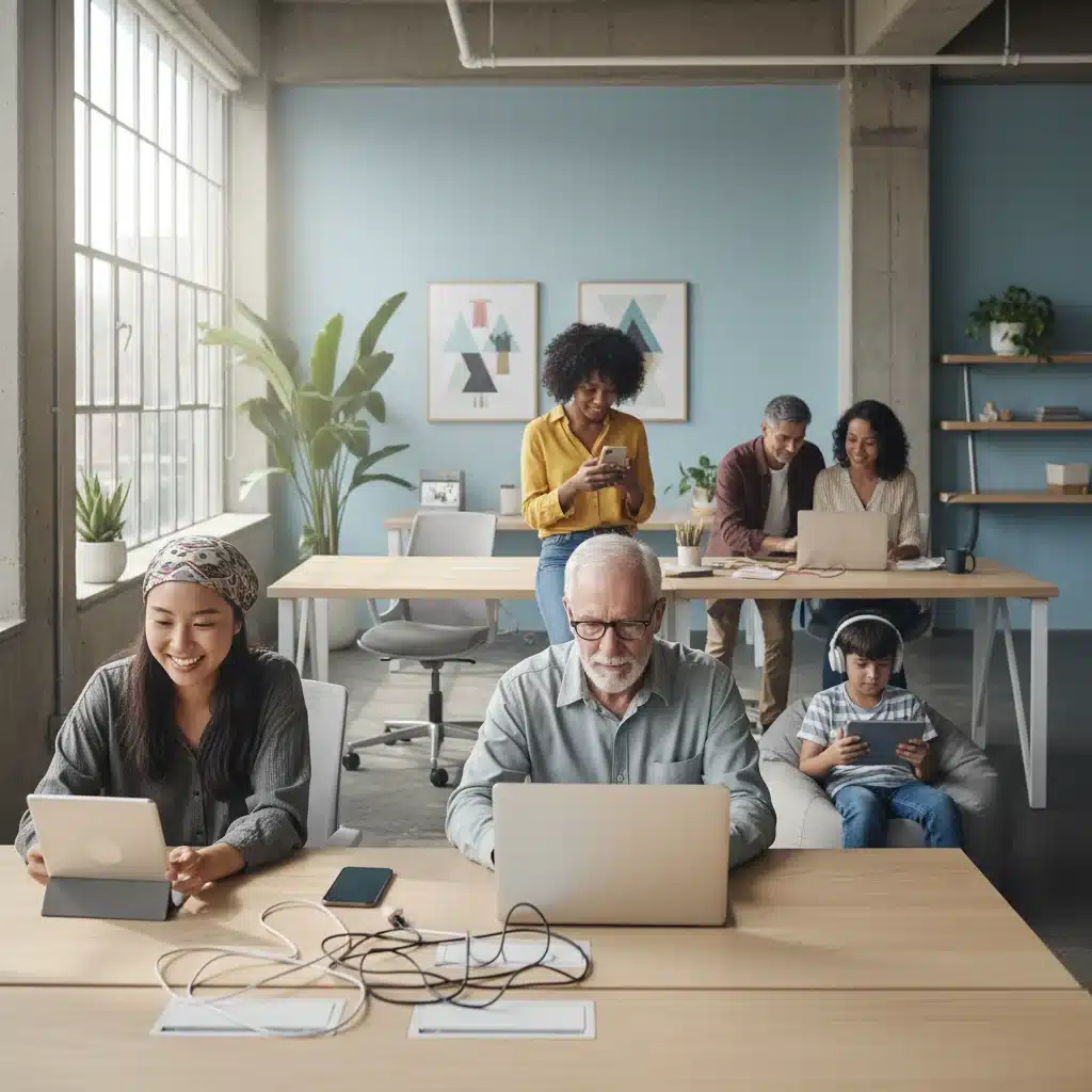 Diverse consumers engaging with digital services on various devices.