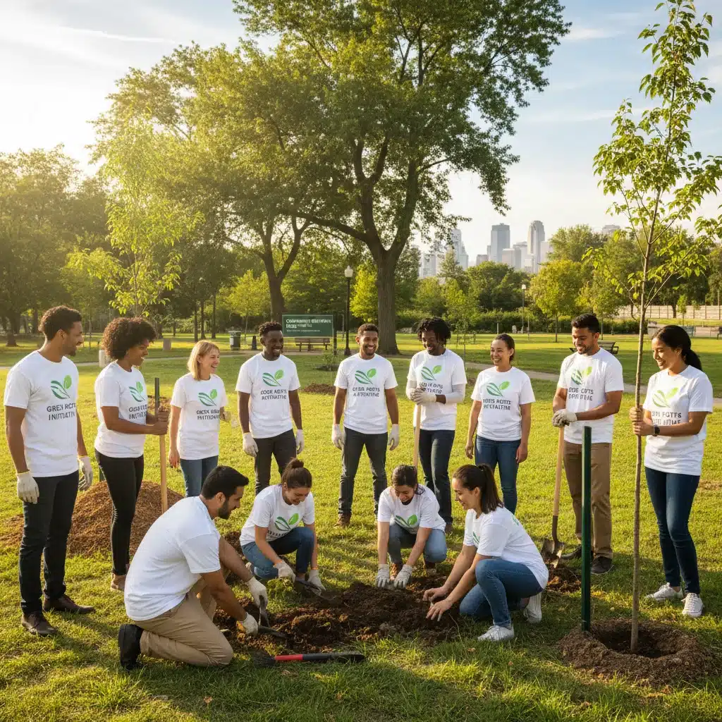 Diverse group planting trees for corporate social responsibility and community engagement.
