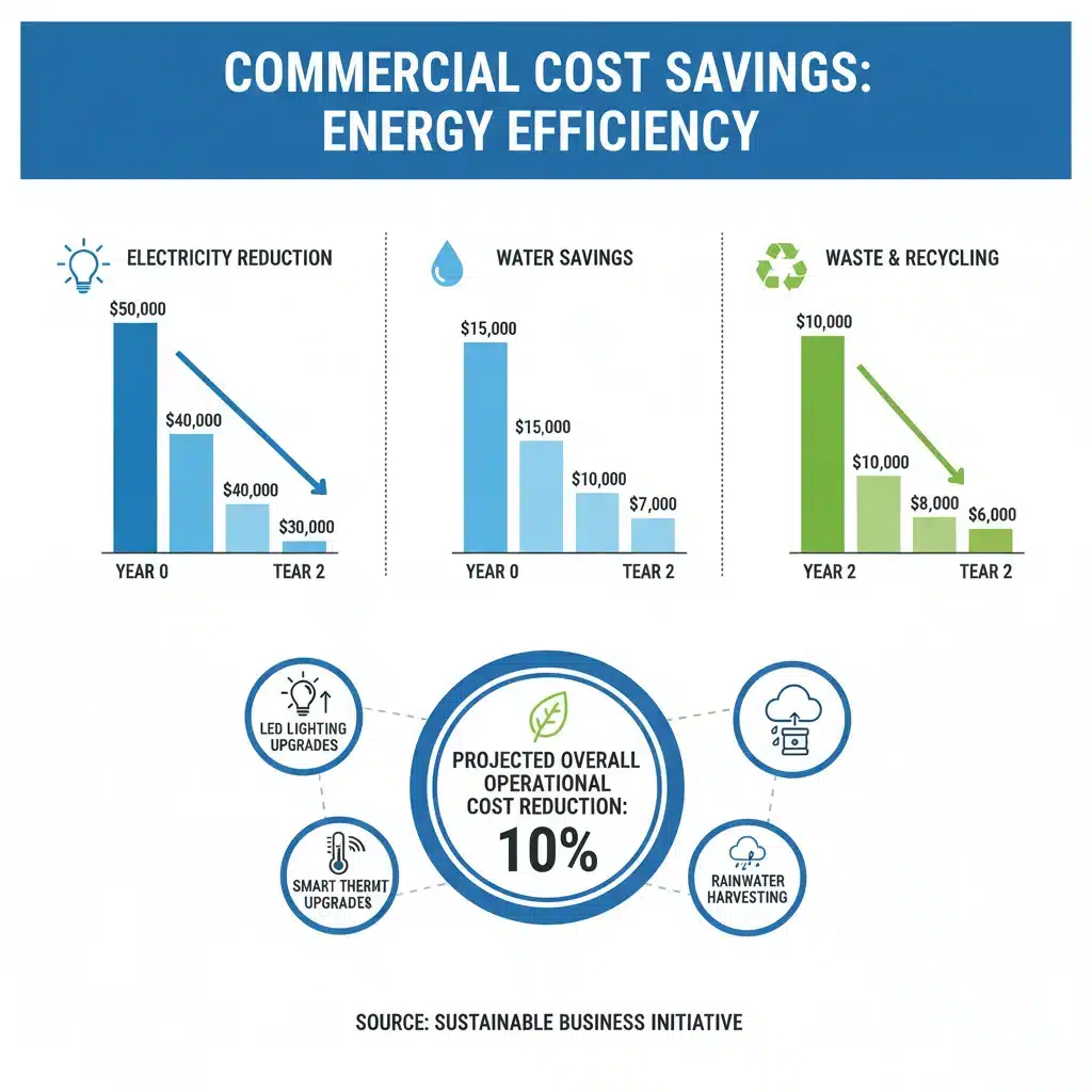 Infographic displaying cost savings from energy-efficient technologies in businesses.