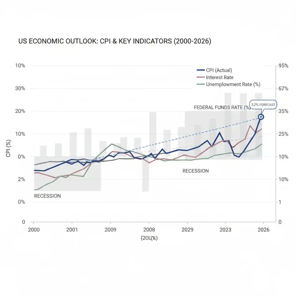 Chart illustrating historical CPI trends and a 3.2% forecast for 2026, alongside related economic indicators.