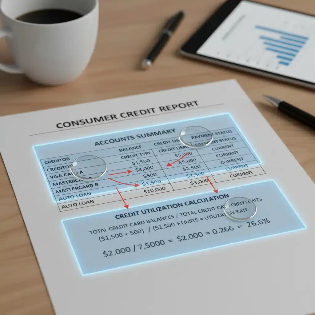 Detailed credit report section showing credit limits and balances to calculate utilization.