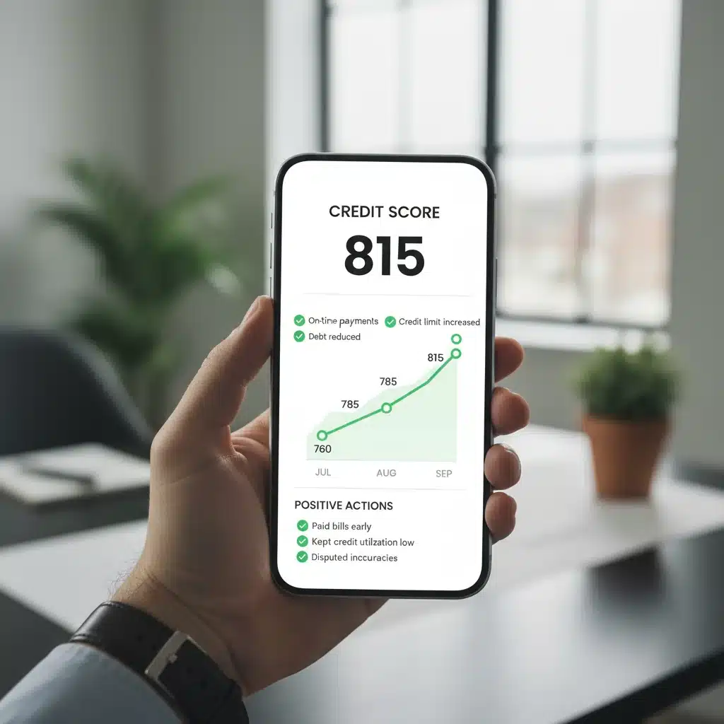 Person checking credit score on a mobile app with an upward trend graph