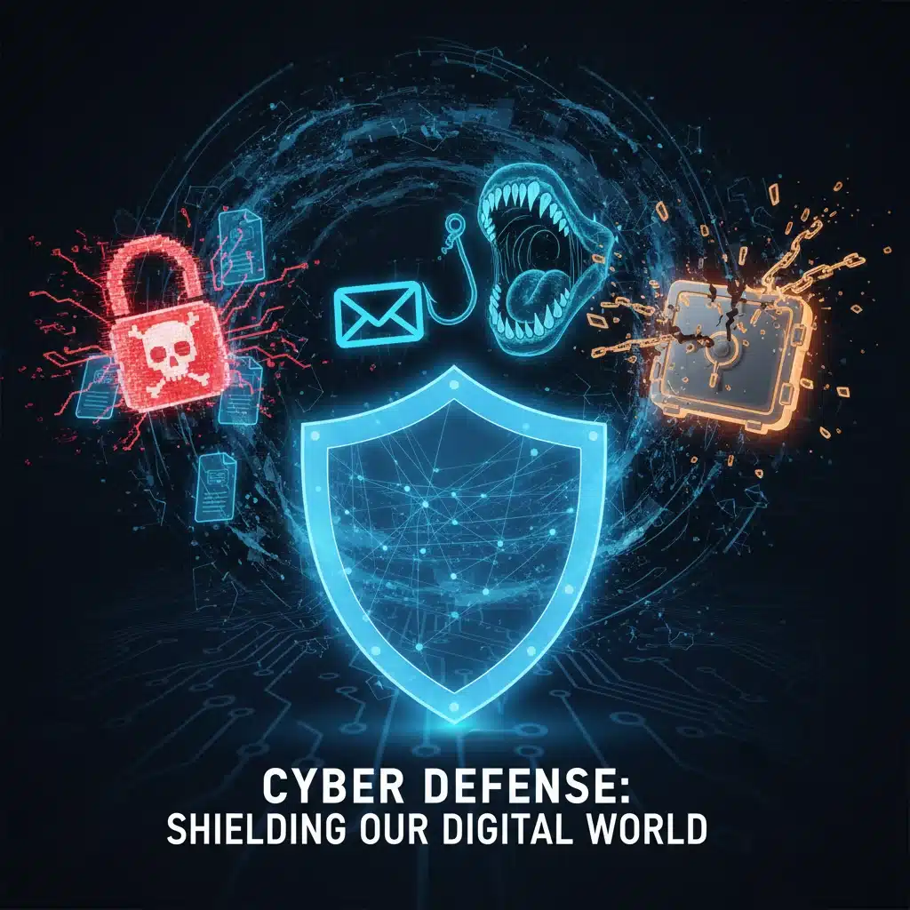Illustration of cyber threats and protective cybersecurity shield.