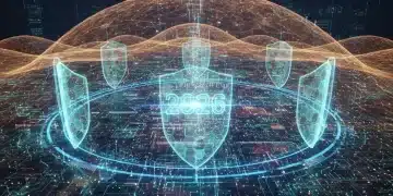Futuristic digital landscape with cybersecurity shields and data points for 2026 regulations