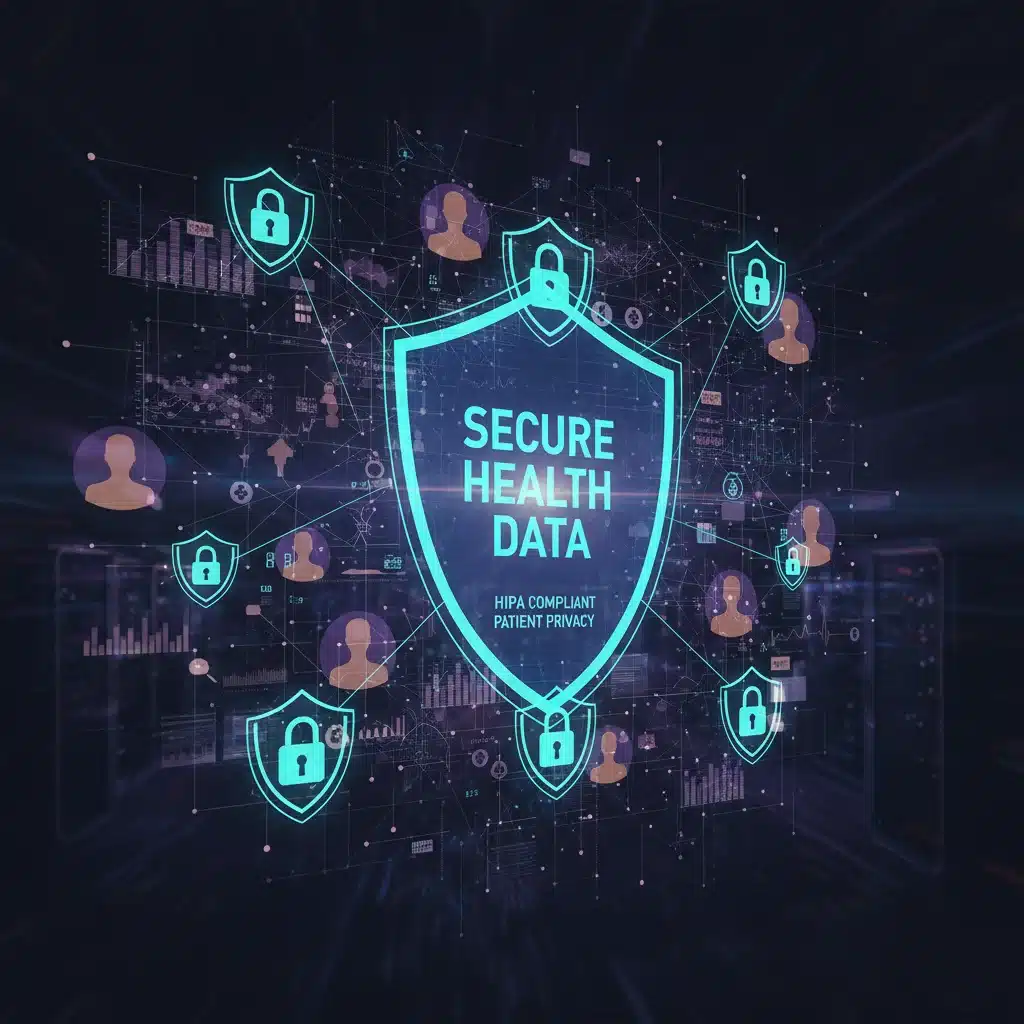 Digital locks and shields representing data privacy and cybersecurity in healthcare