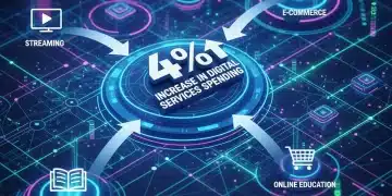 Infographic showing a 4% increase in digital services spending in early 2026, with digital icons.