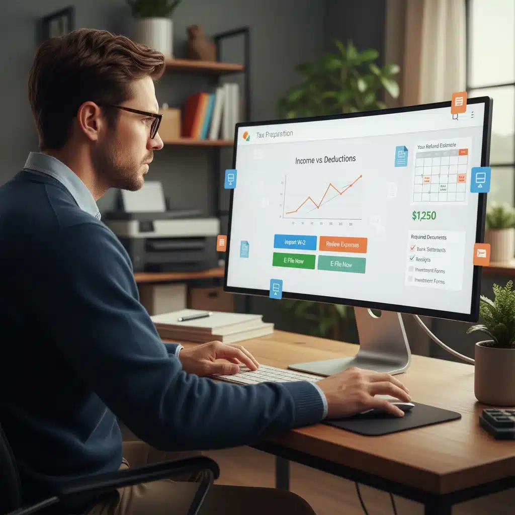 Person utilizing tax software for digital tax preparation
