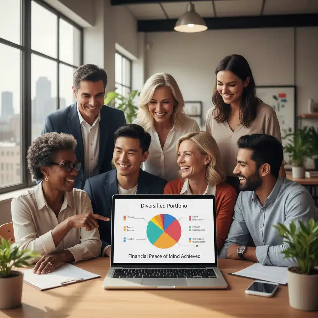Diverse investors confidently reviewing a diversified investment portfolio on a laptop