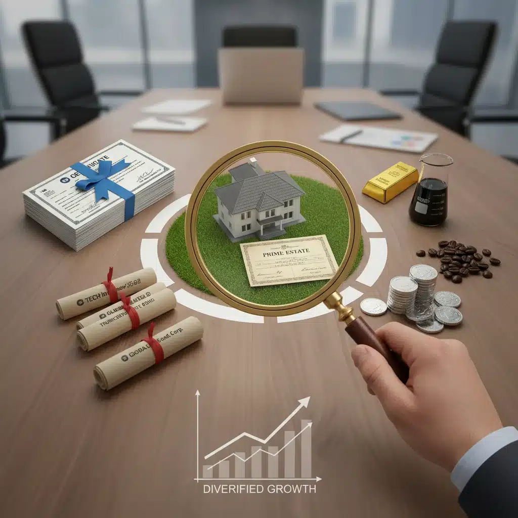 Diversified investment portfolio with various assets, representing strategic allocation in an inflationary environment.
