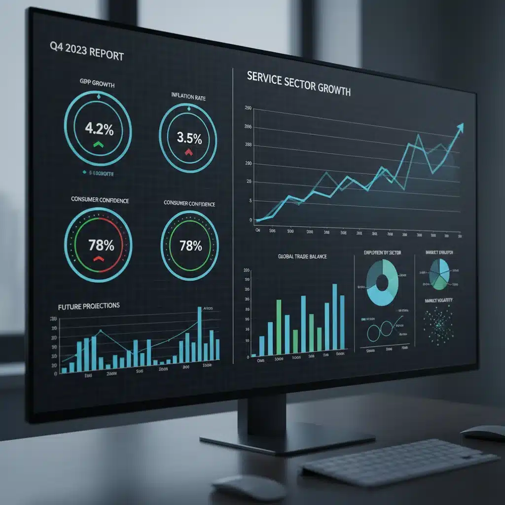 Economic dashboard showing service sector growth and consumer confidence