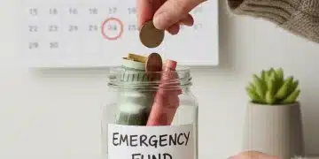 Hand placing coins into an emergency fund jar with December 2026 calendar