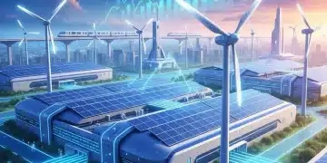 Futuristic factory powered by renewable energy, symbolizing energy policy 2026 cost savings.