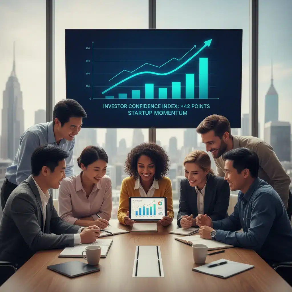 Entrepreneurs collaborating, reviewing growth metrics, symbolizing successful startup development and investor confidence.