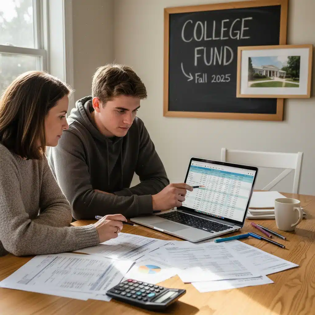 Parent and student reviewing financial documents for college aid planning.