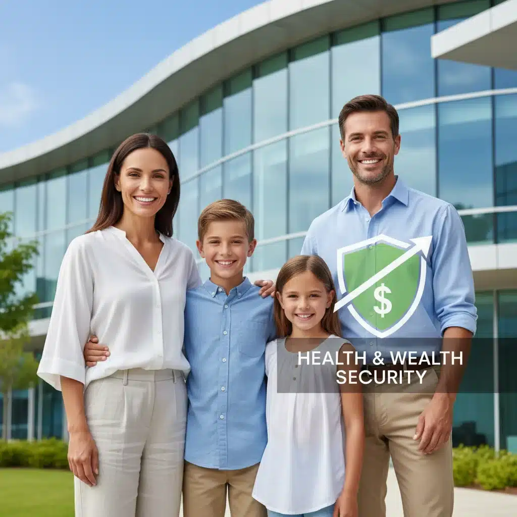 Happy family standing in front of a clinic, symbolizing peace of mind from robust healthcare savings with an HSA.